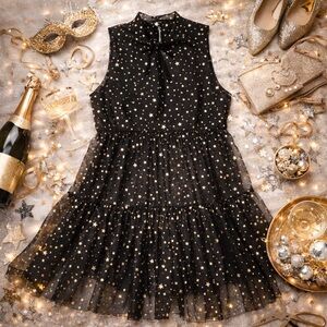 POPSUGAR Black Gold Star Metallic Tiered Dress XL Sheer Tulle Party Cocktail